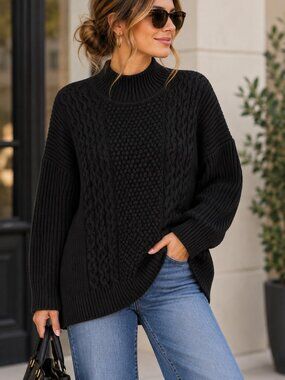 GAP Black Cable Knit Mock Neck Sweater Small Cotton Wool Blend Oversized Chunky